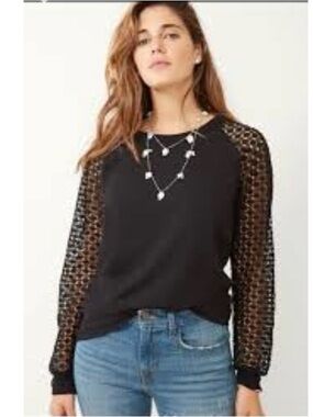 Stella and dot maette Black Crochet-Sleeve Crewneck Sweatshirt ptp 19